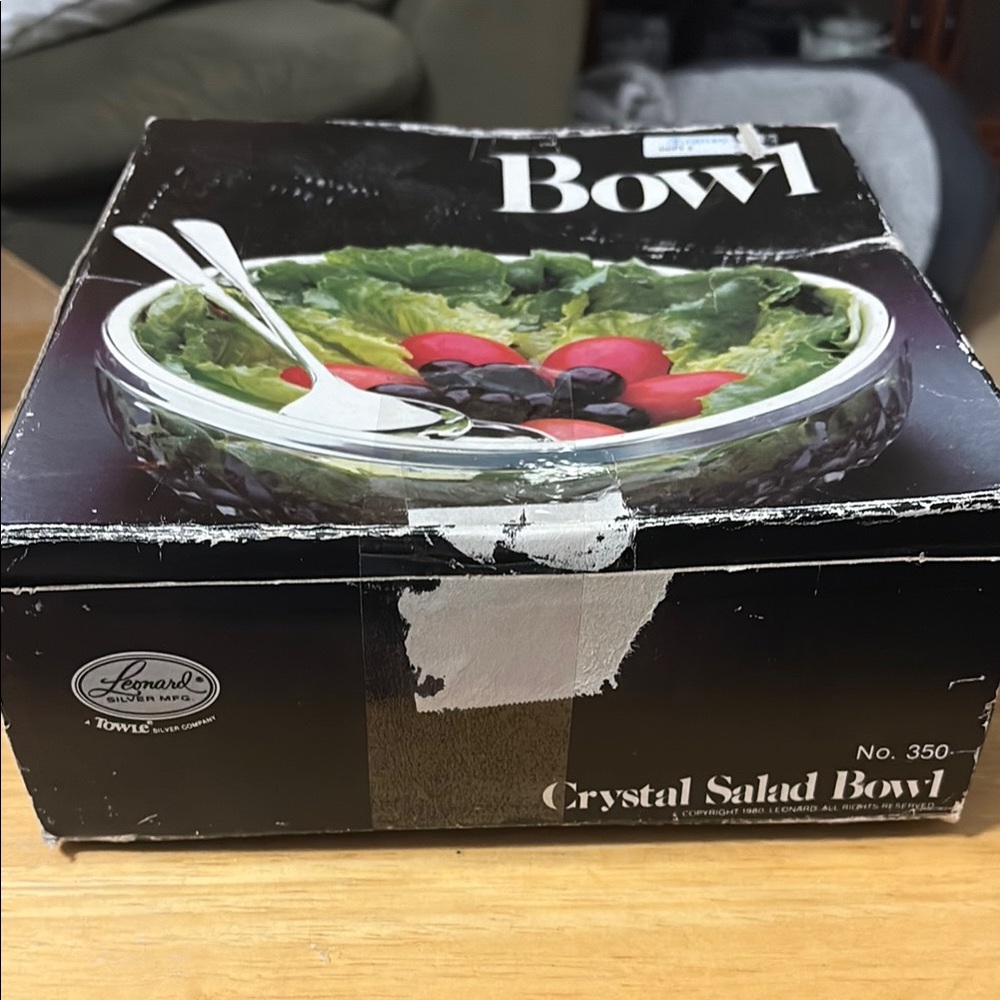 VINTAGE NIB Leonard Crystal Salad Silverplated Bowl Rim/Utensils Italy 1980.